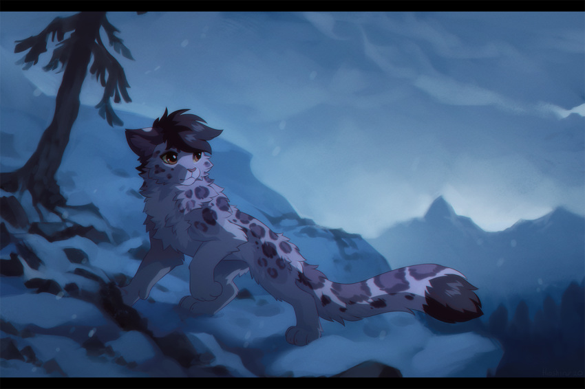 4_toes ambiguous_gender black_hair black_paws black_spots detailed_background felid feral fur grey_body grey_fur hair hioshiru mammal night outside pantherine paws snow_leopard solo spots spotted_body spotted_fur toes