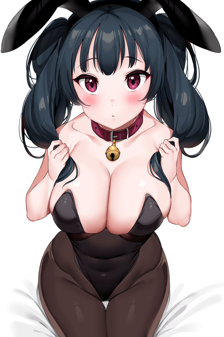 1girl animal_ears bangs bare_shoulders bell bell_collar black_hair black_legwear black_leotard breasts bunny_ears cleavage collar collarbone covered_navel double_bun eyebrows_visible_through_hair facing_viewer fake_animal_ears hair_bun headband highres large_breasts leotard long_hair looking_at_viewer love_live! love_live!_school_idol_festival love_live!_school_idol_festival_all_stars love_live!_sunshine!! open_mouth pantyhose playboy_bunny playing_with_own_hair purple_eyes simple_background sitting solo tem10 thigh_gap tsushima_yoshiko white_background