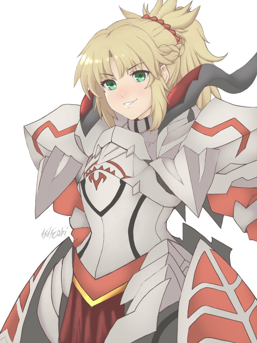 1girl armor artist_name asdfcobi blonde_hair blush braid cowboy_shot fate/apocrypha fate/grand_order fate_(series) french_braid green_eyes highres looking_at_viewer mordred_(fate) mordred_(fate)_(all) nose_blush ponytail smile solo white_background