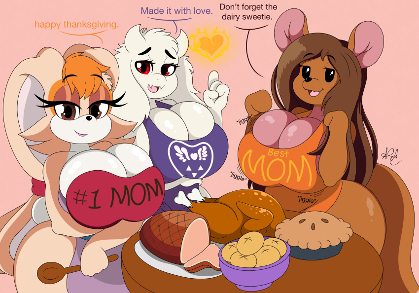 &lt;3 absurd_res animate_inanimate anthro apron apron_only avian big_breasts big_butt bird boss_monster bouncing_breasts bovid breasts brown_body brown_eyes brown_hair butt caprine clothed clothing cutlery digital_media_(artwork) disney english_text female fire food fur galliform goat group hair hi_res holidays horn huge_breasts kanga kangaroo kitchen_utensils lagomorph leporid living_plushie long_ears long_hair looking_at_viewer macropod mammal marsupial mature_female mostly_nude mother nr_ac parent phasianid plushie rabbit red_eyes simple_background smile sonic_the_hedgehog_(series) spoon text thanksgiving thick_thighs tools toriel turkey undertale vanilla_the_rabbit video_games white_body white_fur winnie_the_pooh_(franchise)