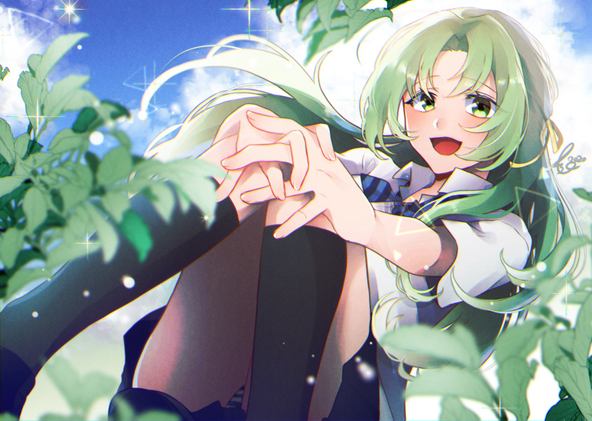 1girl :d bangs black_legwear black_skirt blue_sky cloud commentary crossed_legs dated dutch_angle feet_out_of_frame green_eyes green_hair hair_ribbon hand_on_own_knee highres higurashi_no_naku_koro_ni interlocked_fingers kamuro_asu kneehighs leaf long_hair looking_at_viewer necktie open_mouth outdoors plant ribbon shirt short_sleeves signature sitting skirt sky smile solo sonozaki_shion sparkle striped striped_neckwear white_shirt yellow_ribbon