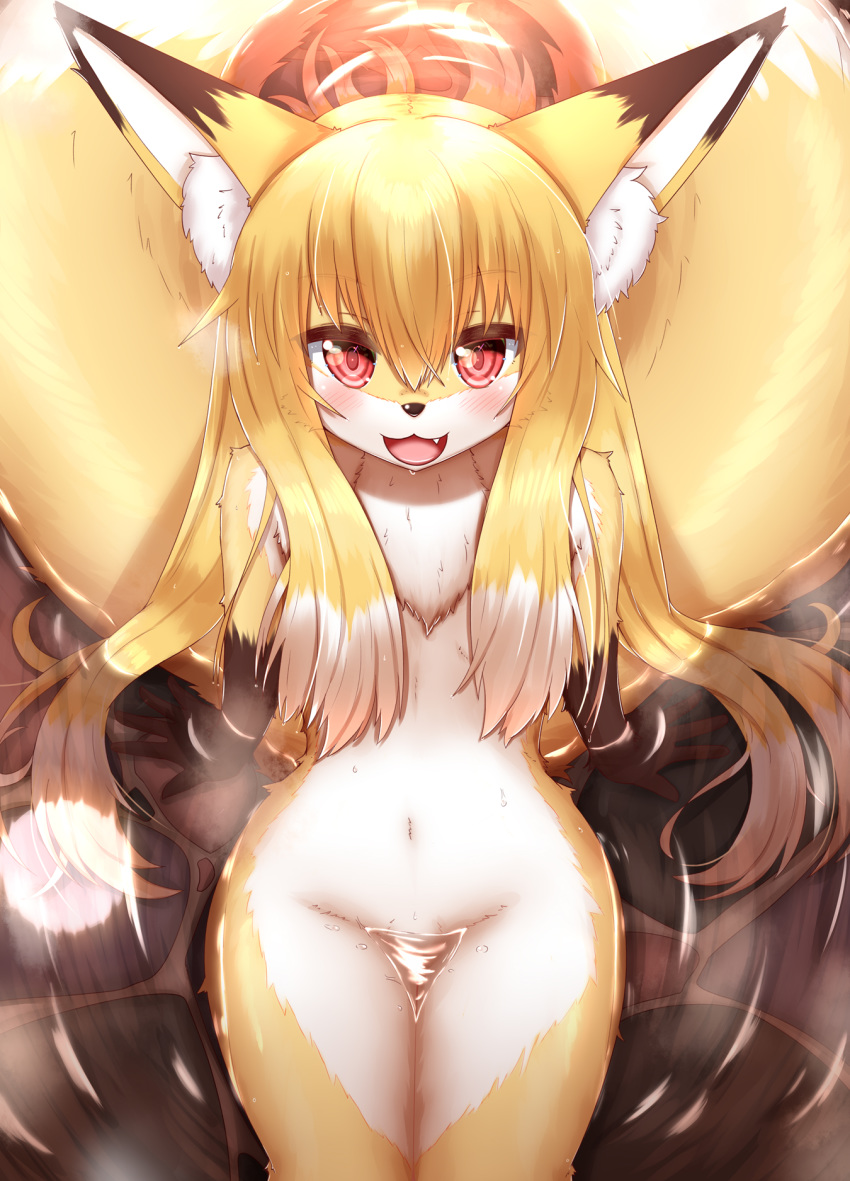 2020 5_fingers anthro bird's-eye_view blonde_hair blush breasts brown_body brown_fur brown_nose canid canine chest_tuft convenient_censorship cute_fangs dipstick_ears dipstick_tail female fingers fox fur glistening glistening_body glistening_fur glistening_hair gloves_(marking) hair happy hi_res high-angle_view horokusa0519 inner_ear_fluff kemono long_hair looking_at_viewer mammal markings multi_tail multicolored_body multicolored_ears multicolored_fur multicolored_hair multicolored_tail naturally_censored navel nude open_mouth open_smile partially_submerged portrait pupils red_eyes slit_pupils small_breasts smile solo three-quarter_portrait tongue tuft water wet wet_body wet_fur white_body white_fur white_hair yellow_body yellow_fur