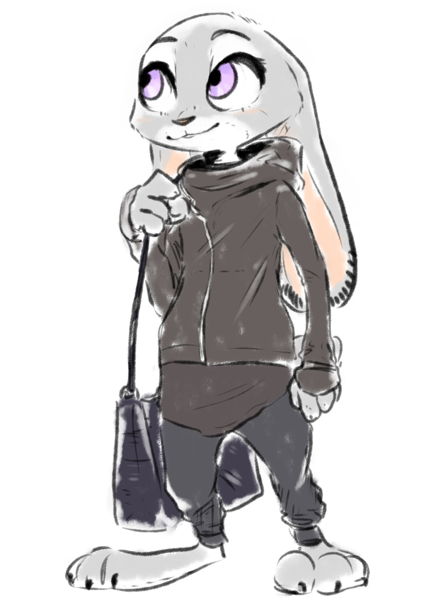 2020 ambiguous_gender anthro bottomwear clothed clothing dipstick_ears disney ears_back female_(lore) full-length_portrait fully_clothed fur grey_body grey_fur hi_res holding_object hoodie judy_hopps lagomorph leporid mammal multicolored_ears nobby_(artist) pants pivoted_ears portrait purple_eyes purse rabbit simple_background smile solo standing topwear white_background zootopia