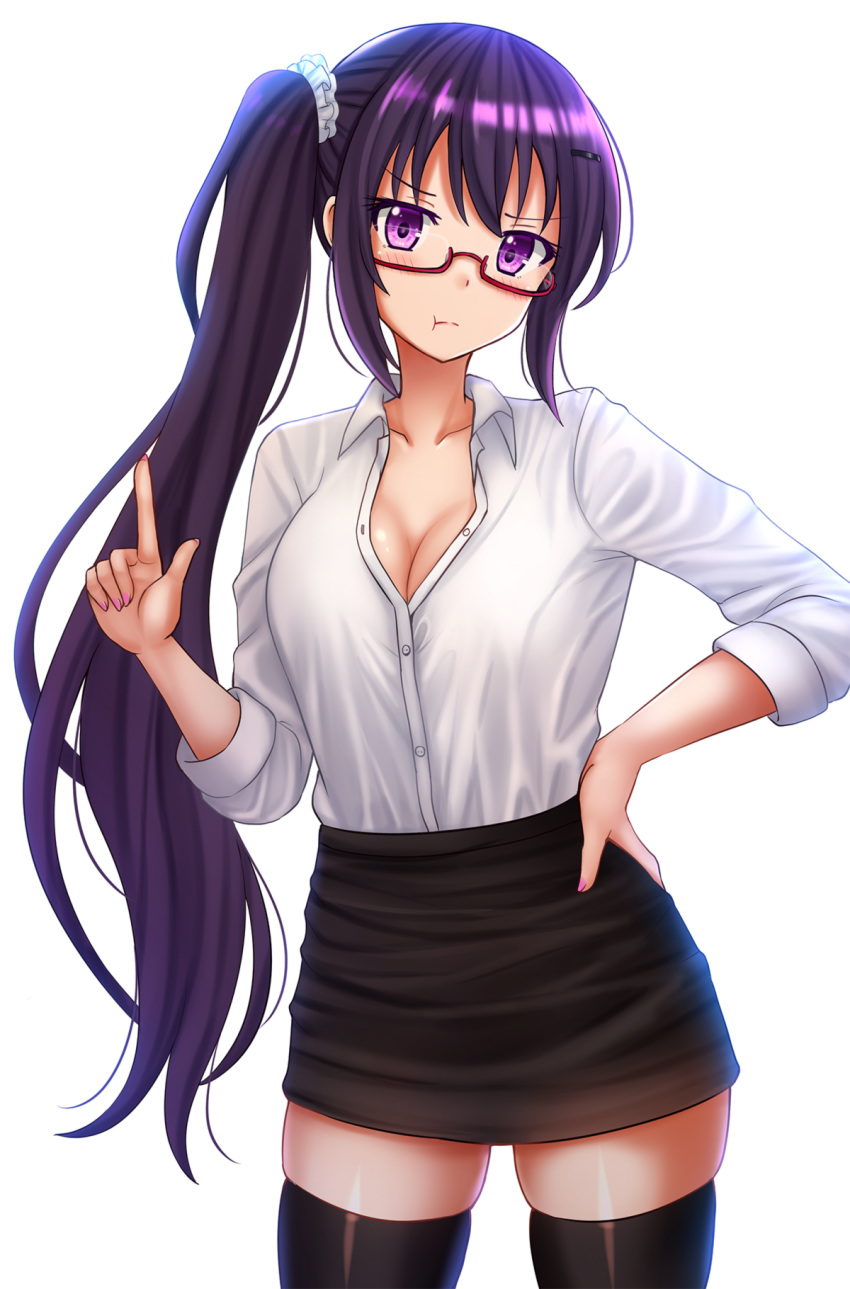 1girl :t bangs black_legwear black_skirt blush breasts cleavage closed_mouth collarbone collared_shirt commentary dress_shirt eyebrows_visible_through_hair gochuumon_wa_usagi_desu_ka? hand_on_hip hand_up highres index_finger_raised kazenokaze long_hair long_sleeves looking_at_viewer medium_breasts pout purple_eyes purple_hair red-framed_eyewear semi-rimless_eyewear shirt side_ponytail simple_background skirt solo tedeza_rize thighhighs under-rim_eyewear very_long_hair white_background white_shirt