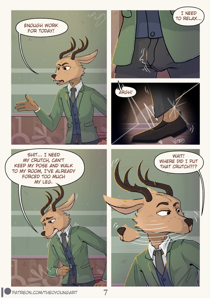 anthro antlers beastars blush brown_body brown_eyes brown_fur brown_nose cervid clothed clothing comic english_text fur hi_res horn louis_(beastars) male male/male mammal solo suit text theo_young url