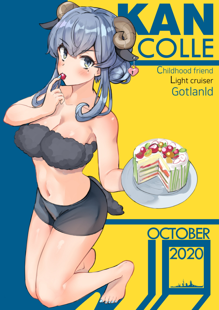 1girl alternate_costume animal_costume animal_ears bangs barefoot blue_hair blue_nails blush breasts cake character_name cleavage copyright_name english_text eyebrows_visible_through_hair fake_animal_ears food gotland_(kantai_collection) hair_bun heart_lock_(kantai_collection) highres holding holding_plate horns kantai_collection large_breasts mole mole_under_eye nail_polish osananajimi_neko plate sheep_ears sheep_horns sheep_tail sidelocks simple_background solo tail toenail_polish two-tone_background