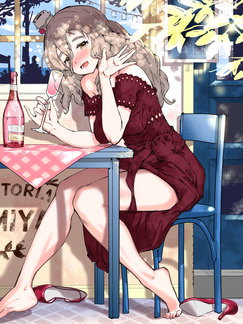 1girl alternate_costume barefoot bottle brown_eyes chair commentary_request cup dress drinking_glass drunk full_body grey_hair hat high_heels highres igarasy kantai_collection long_hair looking_at_viewer mini_hat off-shoulder_dress off_shoulder pola_(kantai_collection) purple_dress red_footwear shoes_removed sitting solo table tilted_headwear wavy_hair wine_bottle wine_glass