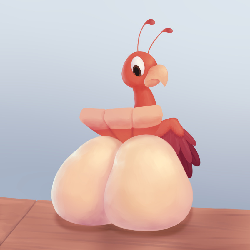 1:1 ambiguous_gender avian beak big_butt bird brown_eyes butt butt_shot feathers feral galliform hi_res huge_butt looking_back miitopia nude otherthatguy phasianid red_body red_feathers semi-anthro simple_background sitting solo tail_feathers turkey twerkey wings