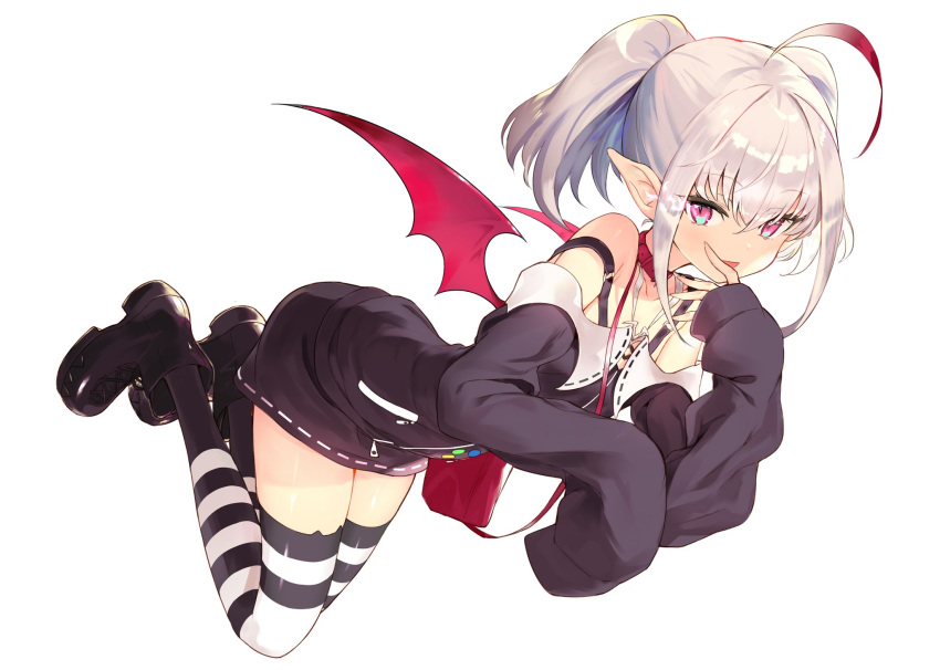 1girl ahoge badge bag black_legwear boots button_badge collar commentary_request cross-laced_footwear demon_girl demon_wings eyebrows_visible_through_hair finger_to_mouth floating full_body grey_hair highres jacket jewelry looking_at_viewer makaino_ririmu medium_hair miniskirt miruto_netsuki multicolored_hair necklace nijisanji off-shoulder_jacket open_mouth pink_eyes pointy_ears red_collar red_hair shoulder_bag simple_background skirt sleeves_past_fingers sleeves_past_wrists smile solo strap strap_slip streaked_hair striped striped_legwear thighhighs twintails virtual_youtuber white_background wings zettai_ryouiki