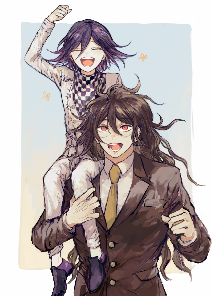 2boys :d absurdres black_footwear black_hair brown_hair brown_jacket carrying checkered checkered_neckwear checkered_scarf closed_eyes collared_shirt commentary_request danganronpa glasses gokuhara_gonta green_hair hair_between_eyes highres jacket long_hair long_sleeves looking_at_viewer male_focus multiple_boys necktie new_danganronpa_v3 open_mouth ouma_kokichi pants postal_mark_(tsu_qq) purple_hair red_eyes scarf school_uniform shirt shoes simple_background smile straitjacket teeth upper_body white_jacket white_pants yellow_neckwear
