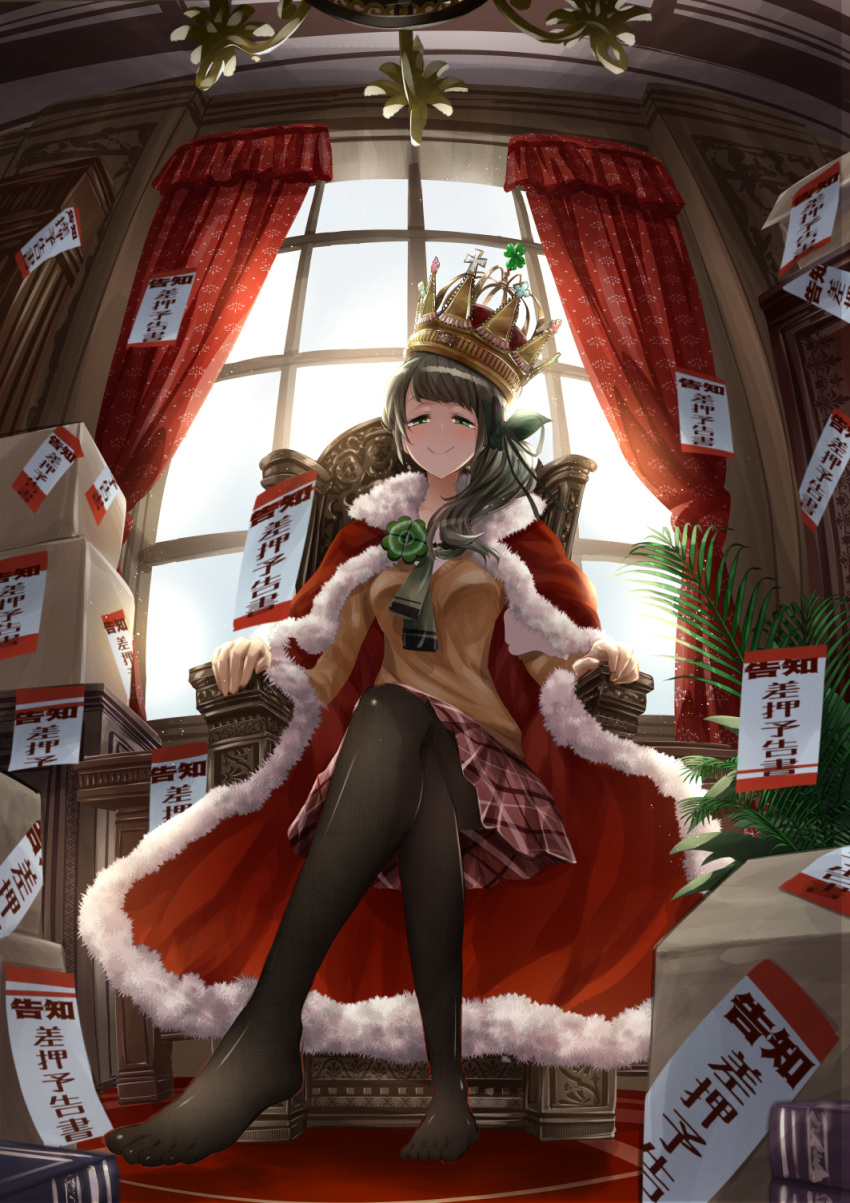 1girl bangs black_legwear blush book box breasts brown_hair chair chandelier cloak closed_mouth clover cluseller commentary_request crossed_legs crown curtains day english_commentary feet fisheye four-leaf_clover full_body fur-trimmed_cloak fur_trim green_eyes green_neckwear green_ribbon hair_ribbon half-closed_eyes happy highres hinamizawa_kurumi indoors light_particles long_hair long_sleeves looking_at_viewer medium_breasts miniskirt mixed-language_commentary neckerchief note pantyhose partial_commentary plaid plaid_skirt plant pleated_skirt pygmalion._(group) red_cloak red_skirt ribbon school_uniform shiny shiny_clothes shiny_hair shirt side_ponytail sitting skirt smile solo sweater throne tied_hair tilted_headwear translated virtual_youtuber white_shirt window yellow_sweater
