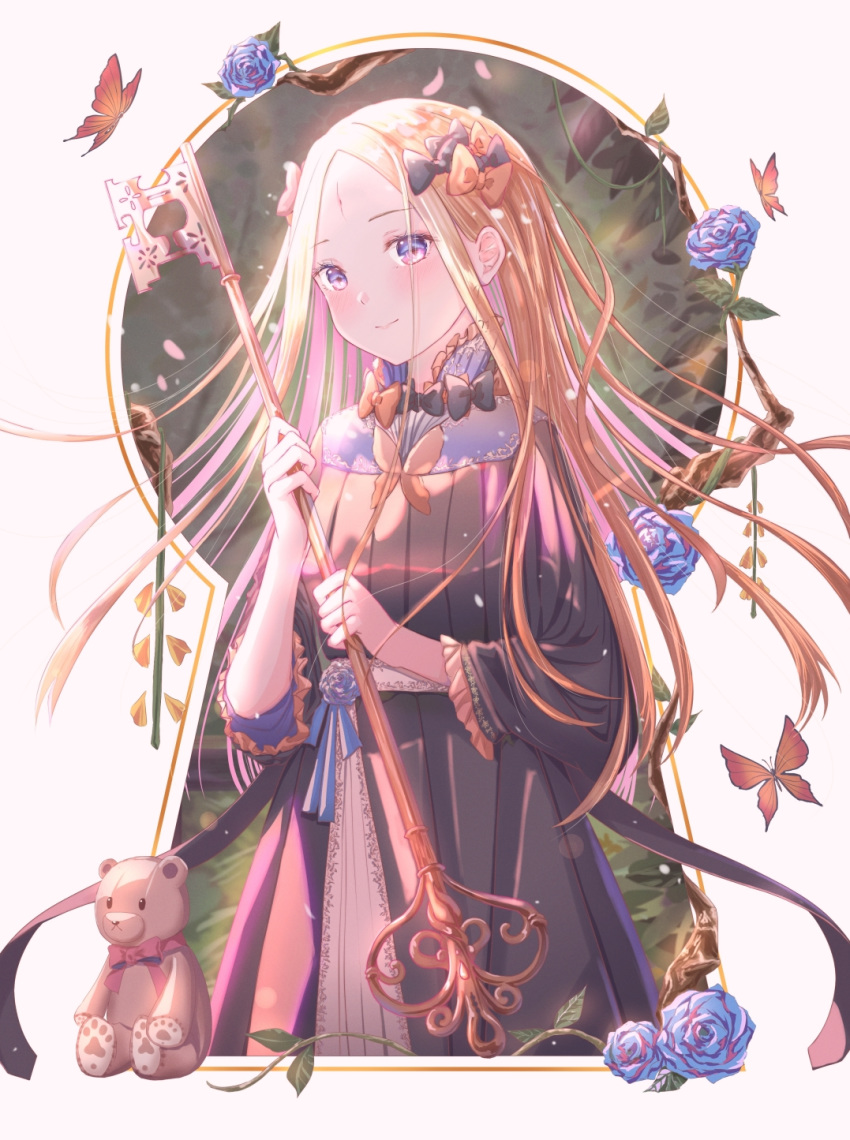 1girl abigail_williams_(fate/grand_order) bangs black_bow black_dress blonde_hair blue_eyes blush bow breasts bug butterfly closed_mouth dress fate/grand_order fate_(series) flower forehead hair_bow highres insect key keyhole kinom_(sculpturesky) long_hair long_sleeves looking_at_viewer multiple_bows orange_bow parted_bangs ribbed_dress rose sidelocks small_breasts smile stuffed_animal stuffed_toy teddy_bear