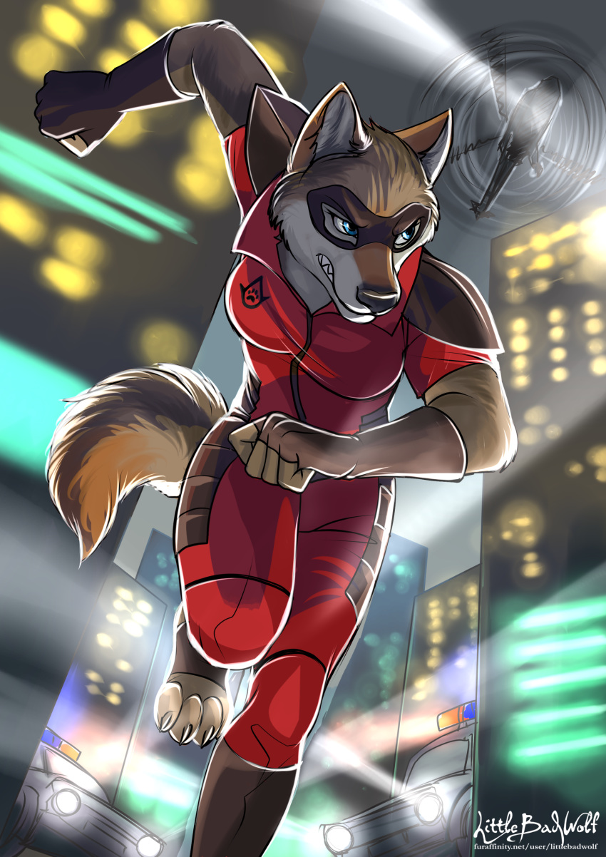 absurd_res action_pose action_scene aircraft anthro biggoodwolf building canid canine canis car city city_background cityscape clothing cruiser darkflamewolf escape fan_character female headlights helicopter hi_res littlebadwolf mammal mask murana_wolford_(darkflame-wolf) night police police_car pose running searchlight solo suit vehicle vigilante wolf