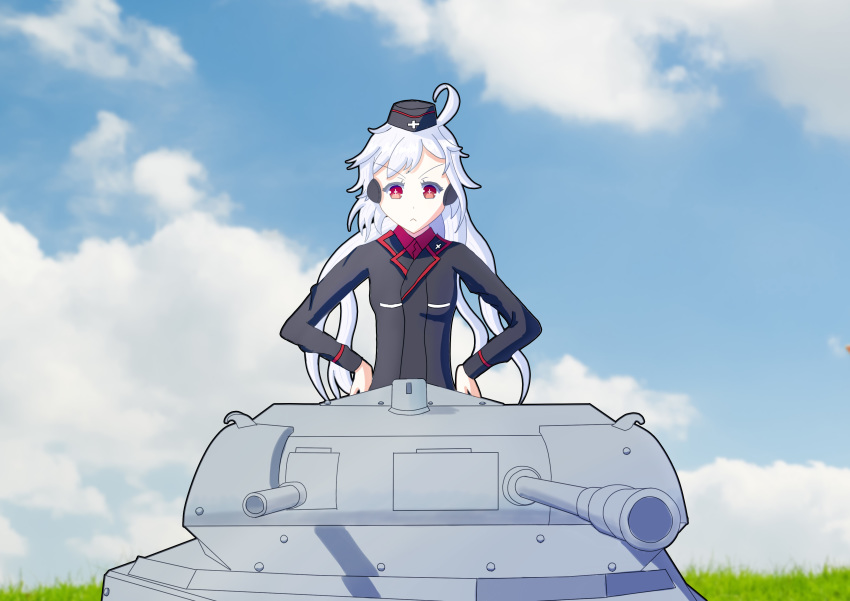 1girl :&lt; absurdres breasts c96_(girls_frontline) caterpillar_tracks cloud commentary_request day gilijim girls_frontline girls_und_panzer grass ground_vehicle highres kuromorimine_military_uniform long_hair military military_vehicle motor_vehicle panzerkampfwagen_ii red_eyes sky tank tank_turret white_hair