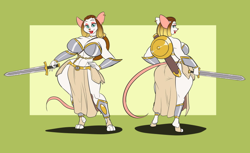 anthro ear_piercing ear_ring female hi_res kaboozle makeup mammal melee_weapon mouse murid murine piercing rodent solo sword weapon