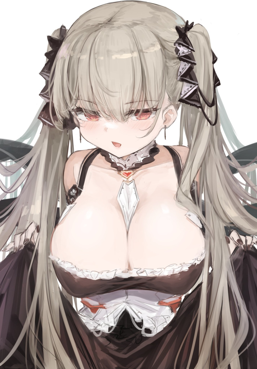 1girl 7gao azur_lane breasts cleavage covered_nipples dress dress_lift earrings formidable_(azur_lane) gothic_lolita grey_hair highres jewelry large_breasts lolita_fashion long_hair red_eyes solo twintails very_long_hair