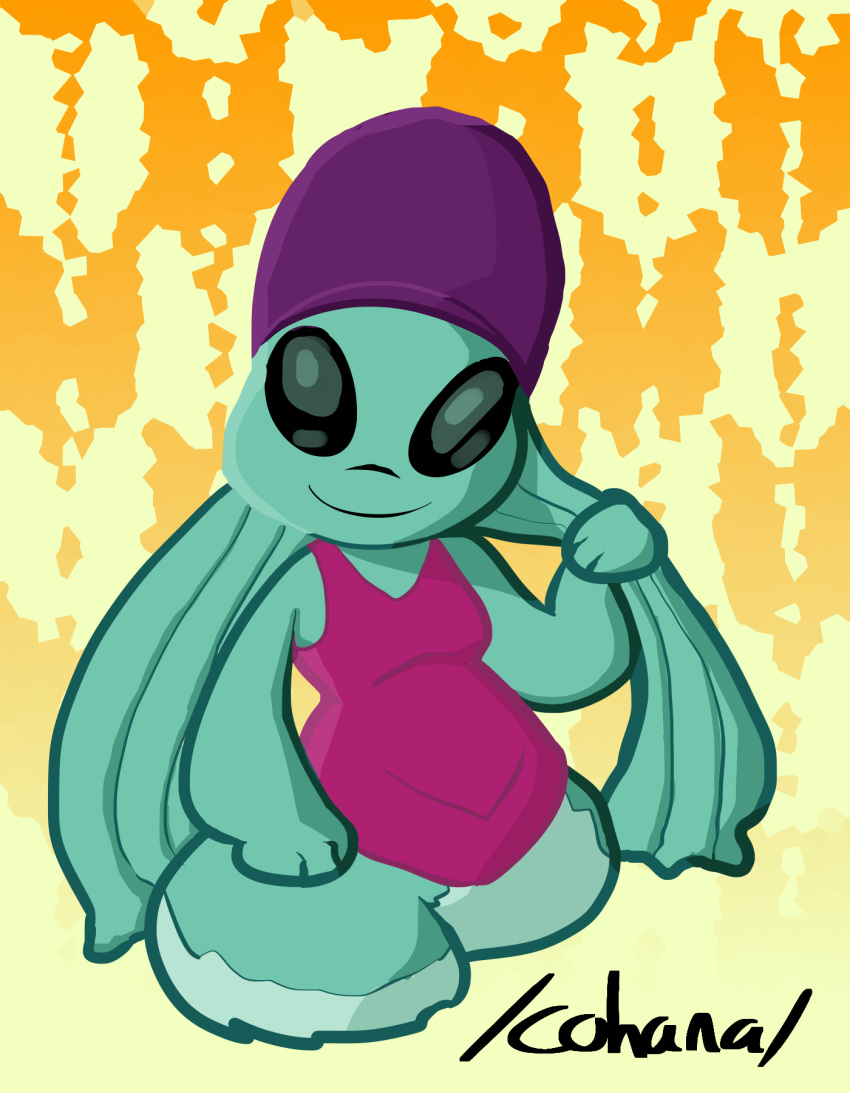 2020 alien alternate_form artbro black_eyes cephalopod clothing digital_drawing_(artwork) digital_media_(artwork) disney experiment_(lilo_and_stitch) female hi_res holding_tentacle lilo_and_stitch looking_at_viewer marine mollusk one-piece_swimsuit simple_background smile smiling_at_viewer solo standing swimming_cap swimwear teal_body tentacles text yellow_background yin_(lilo_and_stitch)