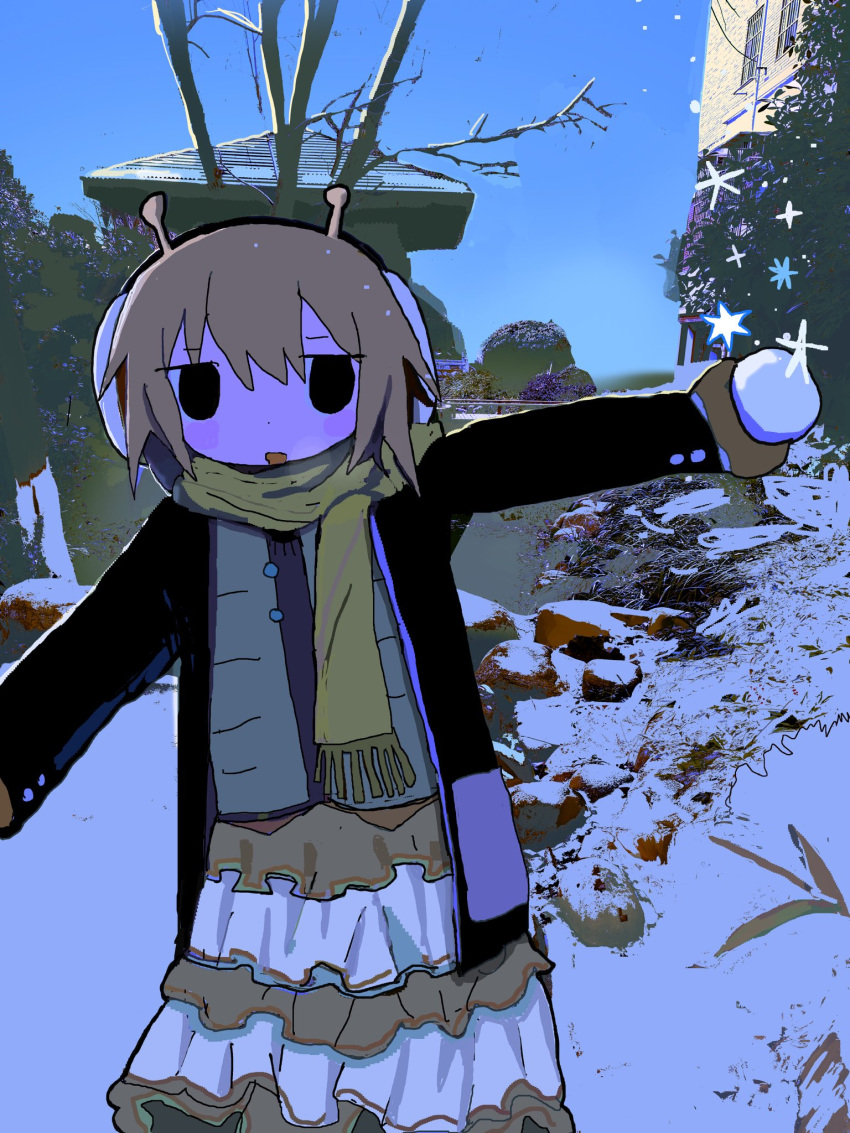1girl bare_tree black_eyes blonde_hair blue_sky blush_stickers breath brown_gloves commentary_request dot_nose gloves highres holding holding_snowball jacket jitome layered_skirt open_clothes open_jacket open_mouth original outdoors outstretched_arms scarf skirt sky snow snowball solo spread_arms tiantokot tree winter