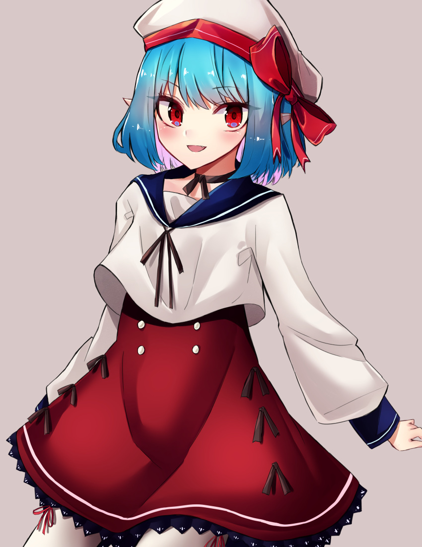 1girl absurdres alternate_costume beret blue_hair blush bow breasts choker commentary_request cowboy_shot crop_top dutch_angle eyebrows_visible_through_hair fang grey_background hat hat_bow hat_ribbon highres katsukare long_sleeves looking_at_viewer open_mouth pointy_ears puffy_sleeves red_bow red_eyes red_ribbon red_skirt remilia_scarlet ribbon ribbon_choker sailor_collar sailor_shirt shirt short_hair simple_background skirt small_breasts smile solo standing touhou white_headwear white_shirt