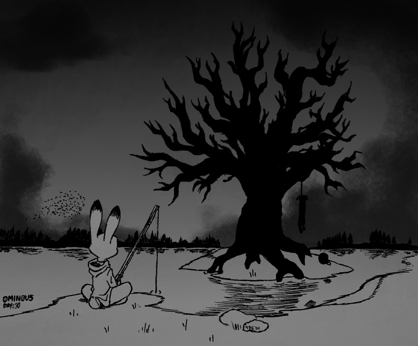 2020 absurd_res ambient_bird anthro avian bird clothed clothing detailed_background disney fishing fishing_rod fully_clothed greyscale hi_res holding_object inktober inktober_2020 judy_hopps lagomorph leporid mammal monochrome outside rabbit silhouette sitting theblueberrycarrots water zootopia