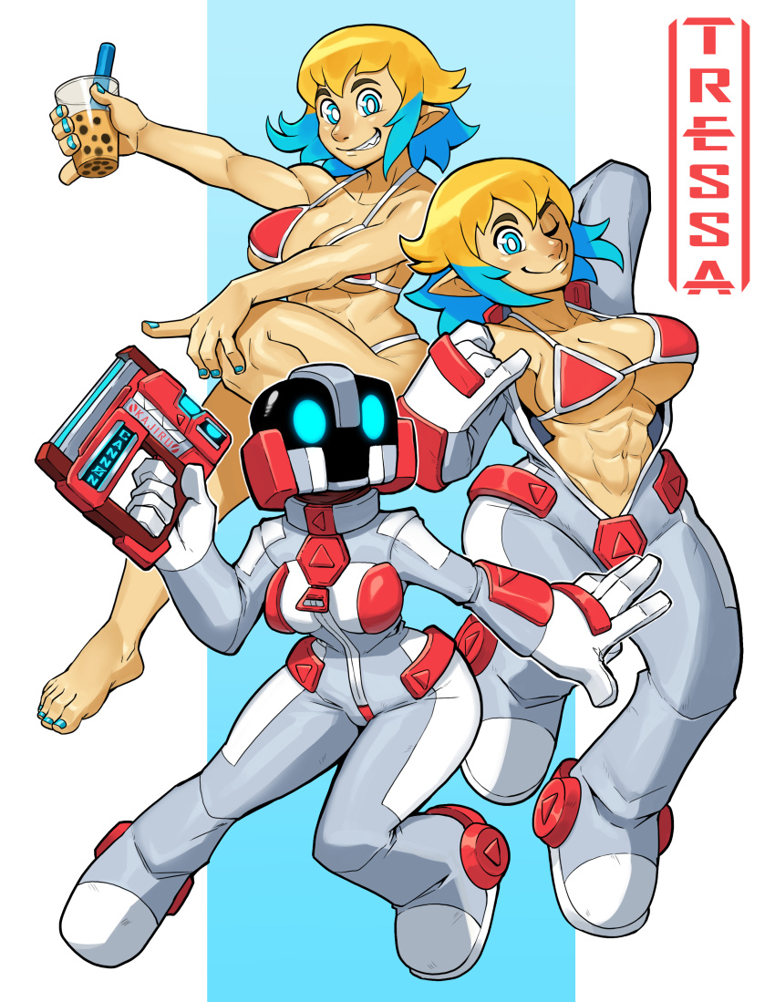 2019 5_fingers 5_toes abs absurd_res armor beverage big_breasts bikini blaster blonde_hair blue_eyes blue_hair blue_nails bodysuit breasts bubble_tea ceehaz cleavage clothed clothing colored_nails elf female fingers gesture hair headgear helmet hi_res holding_drink holding_object holding_weapon humanoid looking_at_viewer mammal multicolored_hair multiple_images muscular muscular_female nails navel not_furry one_eye_closed pinky_out ranged_weapon short_hair skinsuit smile solo swimwear tight_clothing toes tressa_(ceehaz) two_tone_hair undressing unzipped weapon wink zipper