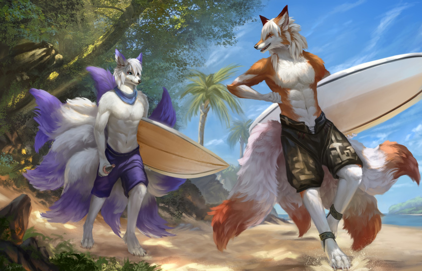 2020 anthro beach bottle brown_body brown_fur canid canine clothed clothing cloud detailed_background dipstick_tail duo eye_scar fox fur hi_res holding_bottle holding_object looking_at_another male mammal multicolored_body multicolored_fur multicolored_tail multitail open_mouth open_smile outside palm_tree purple_body purple_fur rhythmpopfox sand scar seaside signature sky smile surfboard swimming_trunks swimwear topless tree two_tone_body two_tone_fur vehicle watercraft white_body white_fur