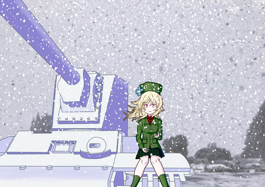 1girl absurdres blonde_hair breasts caterpillar_tracks commentary_request fur_hat gilijim girls_frontline girls_und_panzer ground_vehicle hat highres kv-2 long_hair military military_vehicle motor_vehicle nagant_revolver_(girls_frontline) pink_hair pravda_military_uniform shirt sitting skirt smile snowing tank tree ushanka