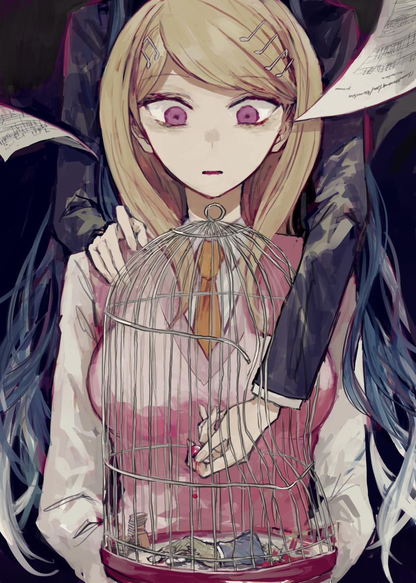 2girls absurdres akamatsu_kaede amami_rantarou bangs birdcage blonde_hair breasts brown_pants cage commentary_request danganronpa death hair_ornament hairclip hand_on_another's_shoulder highres holding large_breasts long_hair long_hiar long_sleeves multiple_girls musical_note musical_note_hair_ornament necktie new_danganronpa_v3 open_mouth orange_neckwear pants pink_blood pink_sweater_vest postal_mark_(tsu_qq) shirogane_tsumugi shirt solo_focus spoilers standing sweater_vest upper_body white_shirt