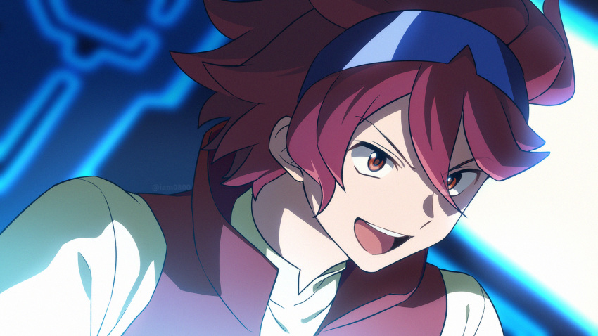 1boy :d bangs commentary eyewear_on_head from_side gundam gundam_build_fighters hair_between_eyes highres looking_to_the_side male_focus open_mouth red_eyes red_hair red_vest reiji_(gundam_bf) sayshownen shirt short_hair smile solo sunglasses twitter_username upper_teeth vest watermark white_shirt