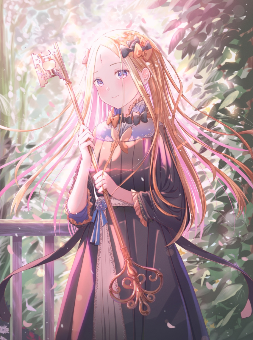 1girl abigail_williams_(fate/grand_order) backlighting bangs black_bow black_dress blonde_hair blue_eyes blush bow breasts bug butterfly closed_mouth dress fate/grand_order fate_(series) flower forehead hair_bow highres insect key kinom_(sculpturesky) long_hair long_sleeves looking_at_viewer multiple_bows orange_bow parted_bangs ribbed_dress rose sidelocks small_breasts smile stuffed_animal stuffed_toy teddy_bear