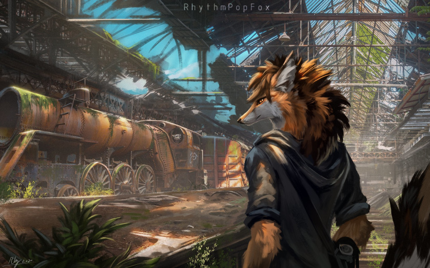 16:10 2020 anthro canid canine clothed clothing detailed_background fluffy fox fur hi_res inner_ear_fluff inside light lighting male mammal plant rhythmpopfox ruins signature solo train tuft vehicle whiskers white_body white_fur widescreen