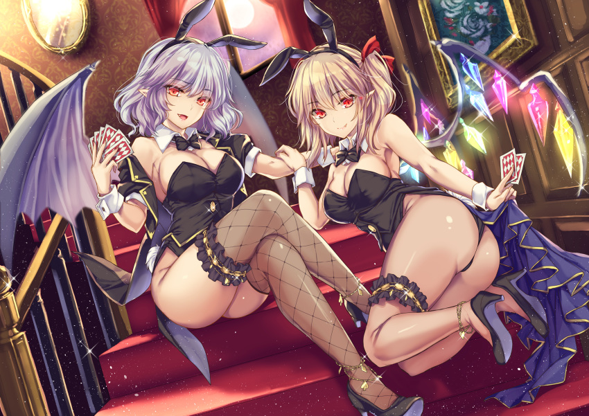 2girls alternate_costume animal_ears ass bat_wings black_footwear black_legwear black_leotard black_neckwear blonde_hair bow bowtie breasts brown_legwear bunny_ears card cleavage crossed_legs detached_collar fake_animal_ears fake_tail fang fang_out fishnet_legwear fishnets flandre_scarlet full_moon high_heels highres holding indoors large_breasts leg_garter leotard light_purple_hair light_smile lips long_hair looking_at_viewer mirror moneti_(daifuku) moon multiple_girls nail_polish older open_mouth painting_(object) pantyhose playboy_bunny playing_card pointy_ears red_eyes red_nails remilia_scarlet shoes siblings sisters smile tail thighhighs touhou window wings wrist_cuffs