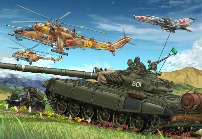 aircraft airplane akm bm-21 brown_eyes brown_hair caterpillar_tracks cloud combat_webbing commentary_request dog flower gloves goggles goggles_on_head graphite_(medium) ground_vehicle hat hatch helicopter highres horse jet mi-24 mi-8 mig-21 mikeran_(mikelan) military military_uniform military_vehicle missile missile_pod motor_vehicle mountain original red_star sky smoke_grenade_launcher t-72 tank traditional_media uniform
