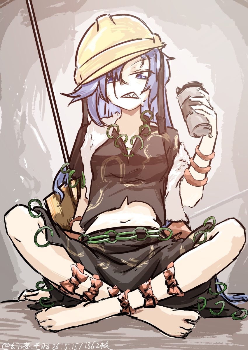 1girl absurdres artist_name barefoot black_shirt black_skirt breasts commentary_request cup dated disposable_cup hard_hat hat helmet highres himemushi_momoyo holding holding_cup long_hair looking_at_viewer midriff navel one-hour_drawing_challenge purple_eyes purple_hair sharp_teeth shirt short_sleeves shovel skirt small_breasts solo teeth toes touhou towel ve1024 very_long_hair yellow_hat