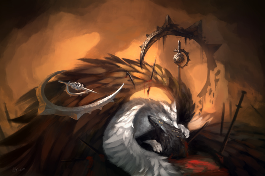 2019 3:2 black_body black_feathers blood bodily_fluids canid canine canis cave detailed_background duo feathers mammal rhythmpopfox signature white_body white_feathers wings wolf wounded