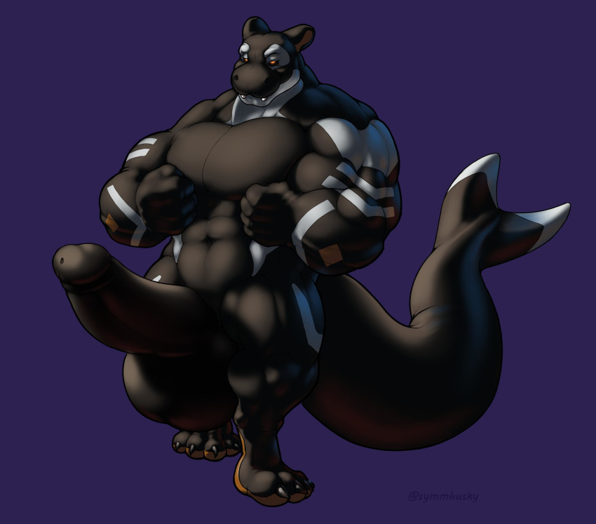 2019 4_toes abs anthro balls big_balls big_muscles big_penis black_body chimera erection feet fist flukes full-length_portrait genitals hi_res huge_balls huge_penis humanoid_feet humanoid_genitalia humanoid_penis hyper hyper_balls hyper_genitalia male markings muscular muscular_anthro muscular_arms muscular_legs muscular_male pecs penis portrait purple_background shaded simple_background soft_shading solo symbiorca symmhusky thick_tail toes white_markings