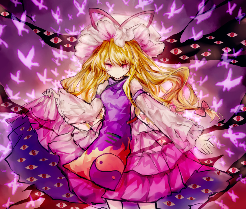 1girl absurdres alternate_breast_size alternate_color alternate_eye_color arm_strap bangs blonde_hair breasts colored_eyelashes dress dress_lift eyebrows_visible_through_hair eyes flame_print floating_hair gap_(touhou) gradient gradient_background gradient_dress gradient_hat grin hair_between_eyes hat hat_ribbon highres huge_filesize looking_at_viewer mob_cap open_hand outstretched_arm pink_background pink_butterfly pink_dress pink_eyes pink_ribbon purple_background purple_butterfly purple_dress purple_theme red_background red_eyes ribbon sanuo slit_pupils small_breasts smile solo tabard too_many_butterflies touhou transparent_butterfly white_dress white_headwear wide_sleeves yakumo_yukari yin_yang_print