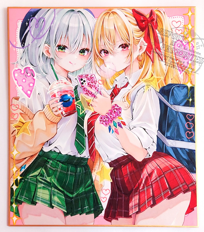 2girls :q bag black_hat blonde_hair blowing_bubbles blue_bag bow cardigan cellphone chewing_gum collared_shirt commentary_request contemporary cup disposable_cup drink drinking_straw earrings flandre_scarlet green_eyes green_necktie green_skirt grey_hair hair_between_eyes hair_bow hat highres holding holding_cup holding_phone jewelry komeiji_koishi marker_(medium) miniskirt missing_wings multiple_girls necktie one_side_up open_cardigan open_clothes phone photo_(medium) plaid_clothes plaid_skirt red_bow red_eyes red_necktie red_skirt school_bag school_uniform scrunchie shirt sio_oekaki skirt smartphone thighs tongue tongue_out touhou traditional_media white_shirt wrist_scrunchie yellow_cardigan