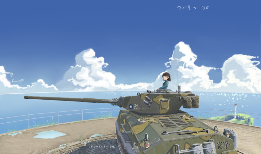 1girl artist_request black_hair breasts brown_eyes caterpillar_tracks cloud commentary_request dated day grass ground_vehicle hairband hammer jerry_can lighthouse m4_sherman military military_vehicle motor_vehicle ocean original scenery short_hair solo tank translation_request water world_of_tanks
