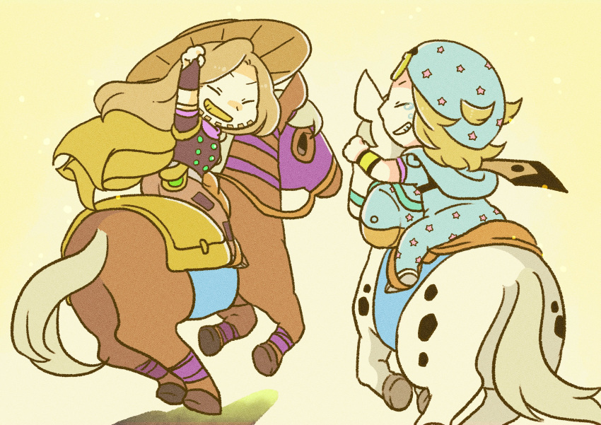 2boys absurdres arm_up arm_warmers beard belt blonde_hair blue_hat blue_hoodie blue_pants blue_sleeves bridal_gauntlets brown_bridal_gauntlets brown_hat brown_pants brown_shirt cape chibi chibi_only closed_eyes commentary commentary_request cowboy_hat facial_hair gold_teeth grey_belt grin gyro_zeppeli hand_up hat heart_ornament highres holster hood hood_down hoodie horseback_riding horseshoe_hat_ornament horseshoe_ornament johnny_joestar jojo_no_kimyou_na_bouken long_hair m_a_a_m_8 male_focus medium_hair multiple_boys pants purple_mask purple_shirt purple_sleeves riding saddle saddlebags shirt slow_dancer_(jojo) smile steel_ball_run two-tone_sleeves valkyrie_(jojo) yellow_arm_warmers yellow_cape