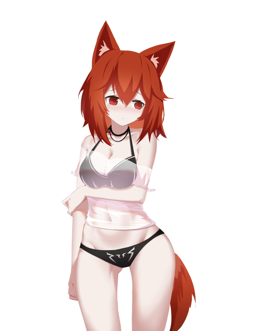 1girl absurdres animal_ear_fluff animal_ears arknights ass_visible_through_thighs bangs bare_shoulders bikini black_bikini blush breasts chinese_commentary cleavage commentary_request covered_navel cowboy_shot crownslayer_(arknights) fox_ears fox_tail groin hair_between_eyes highres huizhiyin medium_breasts nose_blush off-shoulder_shirt off_shoulder red_eyes red_hair see-through shirt short_hair short_sleeves simple_background solo standing stomach swimsuit tail thighs white_background