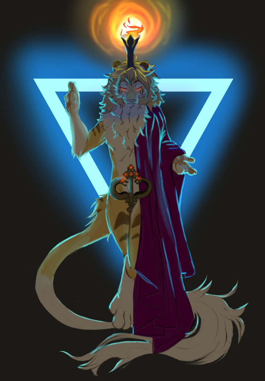 absurd_res ambiguous_gender baphomet_(disambiguation) cape chest_tuft clothing crozier eyes_closed felid fire floating fur hi_res hybrid liger lion mammal neck_tuft pantherine satanic symbolism tass_(tassy) torch tuft white_body white_fur yellow_body yellow_fur