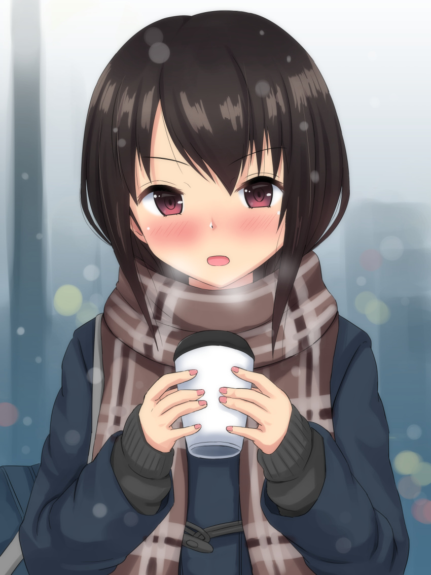 1girl bag bangs black_sweater blue_coat blurry blurry_background blush breath brown_hair coat commentary_request cup drink eyebrows_visible_through_hair highres holding holding_cup holding_drink long_sleeves looking_at_viewer medium_hair nail_polish ntraru open_mouth original pink_nails purple_eyes scarf school_bag solo sweater