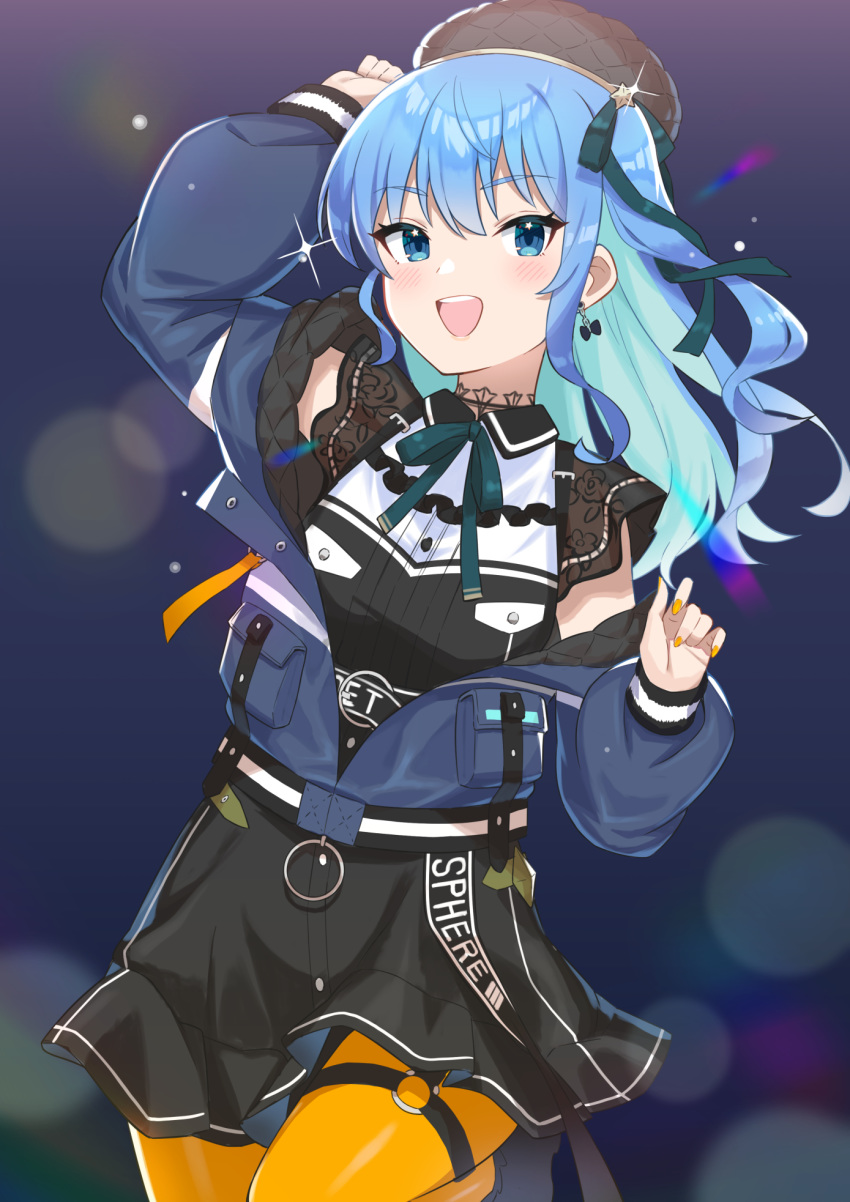 1girl bangs belt beret black_skirt blue_coat blue_eyes blue_hair blush bow bow_earrings breasts choker coat commentary_request earrings eyebrows_visible_through_hair gukurosawa01 hair_ribbon hat highres hololive hoshimachi_suisei jewelry lace lace_choker long_hair long_sleeves looking_at_viewer nail_polish off-shoulder_coat open_clothes open_mouth orange_legwear orange_nails ribbon skirt small_breasts smile solo thighhighs virtual_youtuber winter_clothes winter_coat
