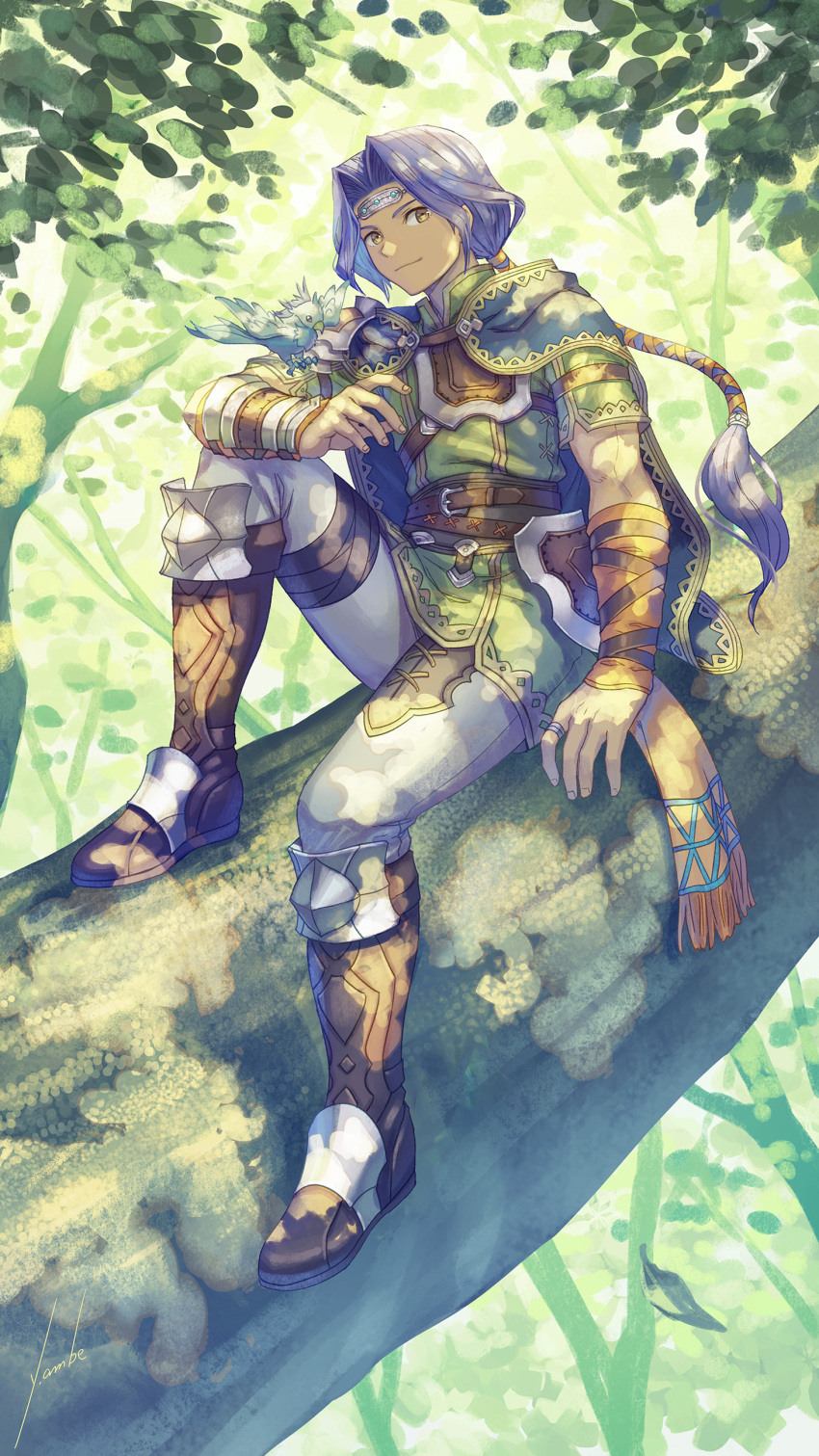 1boy absurdres anbe_yoshirou animal_on_arm armor bird bird_on_arm boots brown_eyes cape closed_mouth clothing_request commentary_request grey_pants hawkeye_(seiken_densetsu_3) highres in_tree jewelry leaf looking_at_viewer male_focus nature outdoors pants ponytail purple_hair ring seiken_densetsu seiken_densetsu_3 signature sitting sitting_in_tree smile solo tree tree_branch