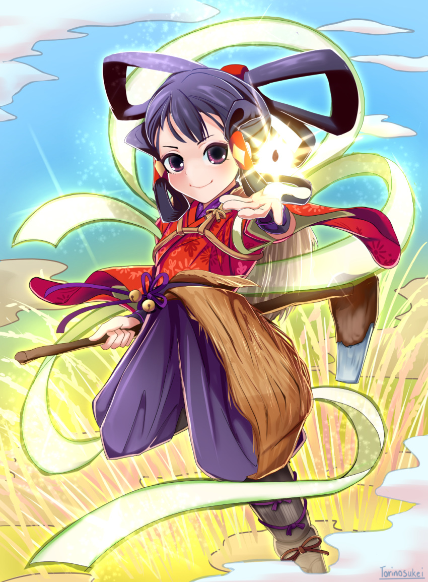 1girl artist_name aura bell black_hair blue_sky boots bracelet cloud commentary floral_print full_body furisode glowing hagoromo hair_ribbon hair_rings hair_tubes hakama highres hoe japanese_clothes jewelry jingle_bell kimono looking_at_viewer open_hand outdoors outstretched_hand purple_eyes ribbon rice sakuna-hime seed shawl short_hair sidelocks sky smile solo standing standing_on_one_leg tensui_no_sakuna-hime torinosuke