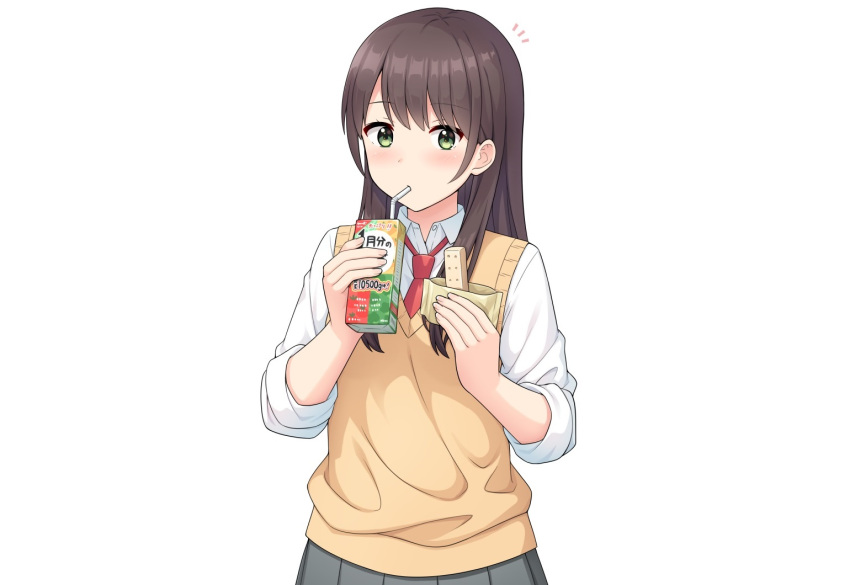 blush brown_hair drink food green_eyes long_hair nakamura_sumikage original school_uniform shirt third-party_edit tie white