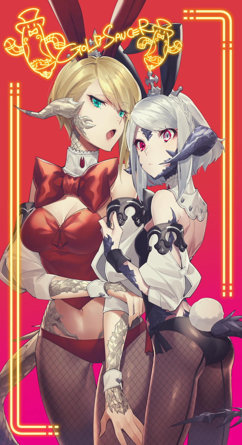 2girls animal_ears ass au_ra bangs black_bow black_horns blonde_hair blue_eyes bow breasts bunny_ears bunny_tail cleavage detached_collar detached_sleeves dragon_horns dragon_tail fake_animal_ears final_fantasy final_fantasy_xiv fishnet_legwear fishnets heterochromia highres horns looking_at_viewer medium_breasts midriff multicolored multicolored_eyes multiple_girls navel pantyhose playboy_bunny red_bow short_hair silver_hair small_breasts strapless swept_bangs tail thigh_gap tiara westxost_(68monkey) white_horns wrist_cuffs