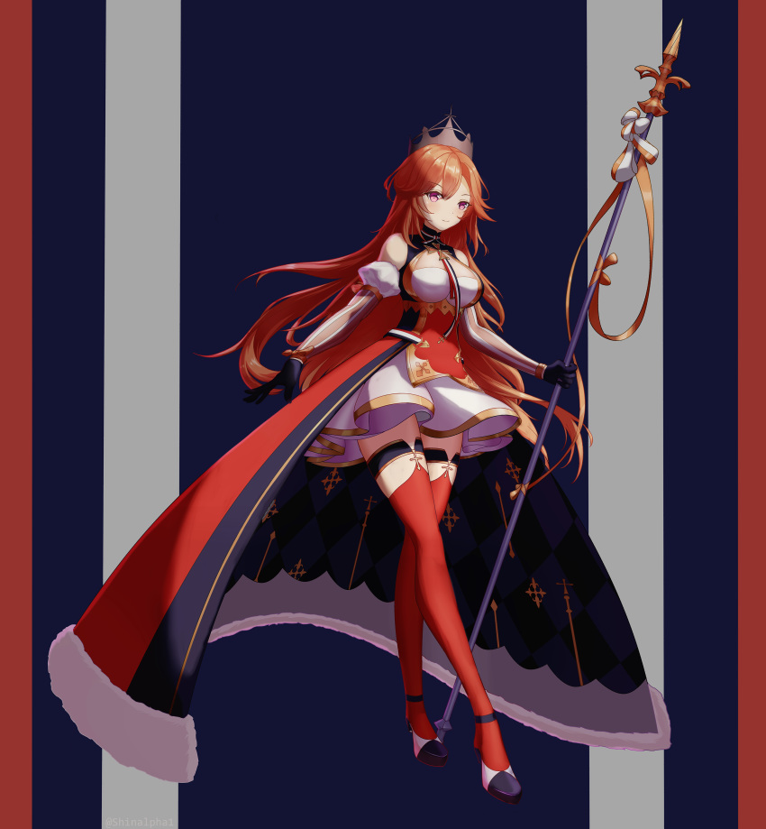1girl absurdres azur_lane bare_shoulders black_gloves breasts cleavage cleavage_cutout clothing_cutout crown detached_sleeves eyebrows_visible_through_hair fleur_de_lis french_flag full_body fur_trim gloves gold_trim hair_between_eyes high_heels highres holding holding_spear holding_weapon juliet_sleeves large_breasts light_smile long_hair long_sleeves looking_at_viewer maltese_cross orange_hair polearm puffy_sleeves purple_eyes red_legwear richelieu_(azur_lane) shinalpha shoes skirt solo spear striped_sleeves thigh_strap thighhighs weapon white_skirt