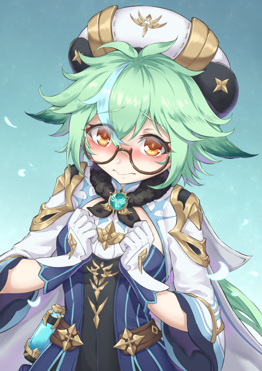 1girl absurdres animal_ears beret blush breasts cat_ears cat_girl embarrassed genshin_impact glasses gloves gold_trim green_hair hat highres long_hair long_sleeves looking_at_viewer multicolored_hair nervous open_mouth orange_eyes ponytail semi-rimless_eyewear solo sucrose_(genshin_impact) thighhighs vision_(genshin_impact) yuki7128